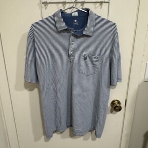 Johnnie O Polo Shirt Mens XL White Blue Striped Hangin Out Pocket Short Sleeve